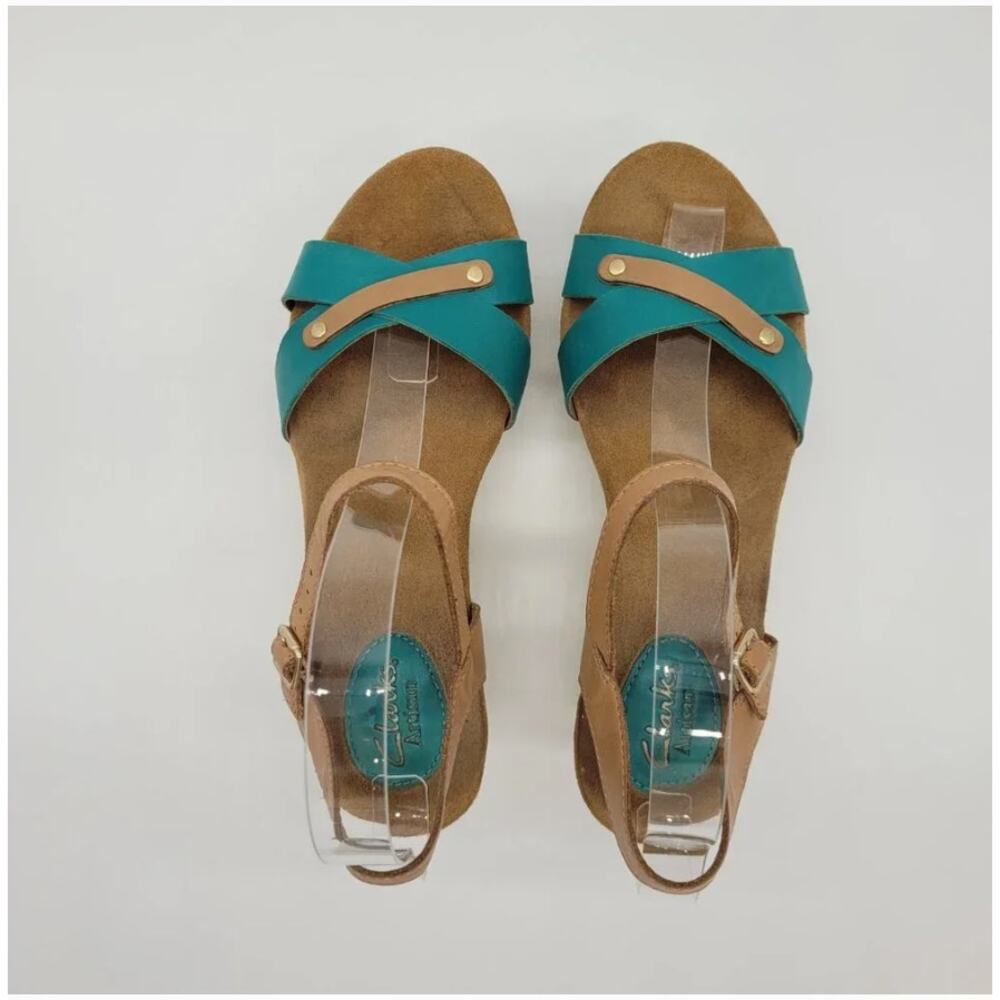 Clarks Teal and Tan Wedge Sandals - Picture 4 of 11